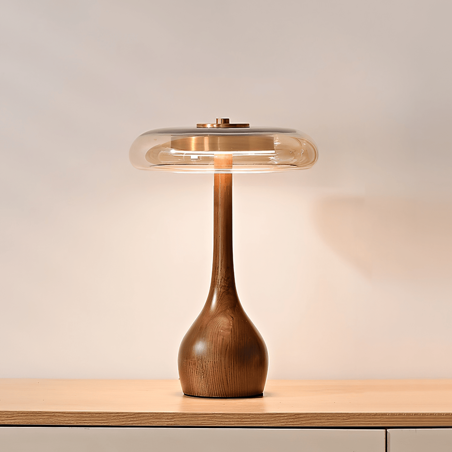 Vancorim | Japandi buet træ amber glas bordlampe