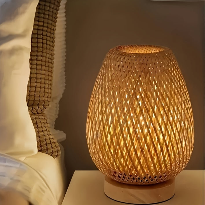 Håndvævet bambus dæmpbar bordlampe med naturlig træbase