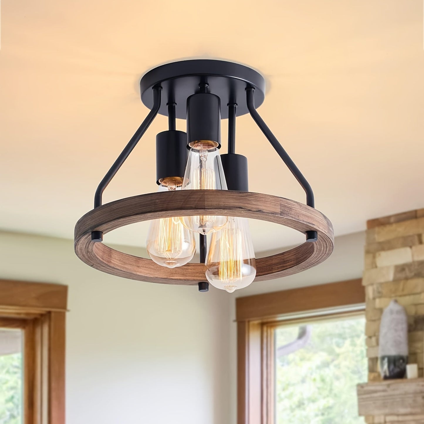 Rustik træ ring industriel semi-indbygningsloftlampe