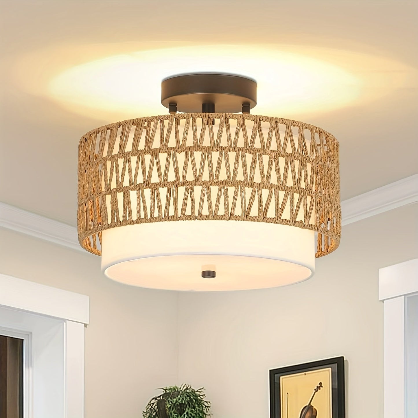 Vævet rattan tekstureret linned diffuser semi-indbygningsloftlampe