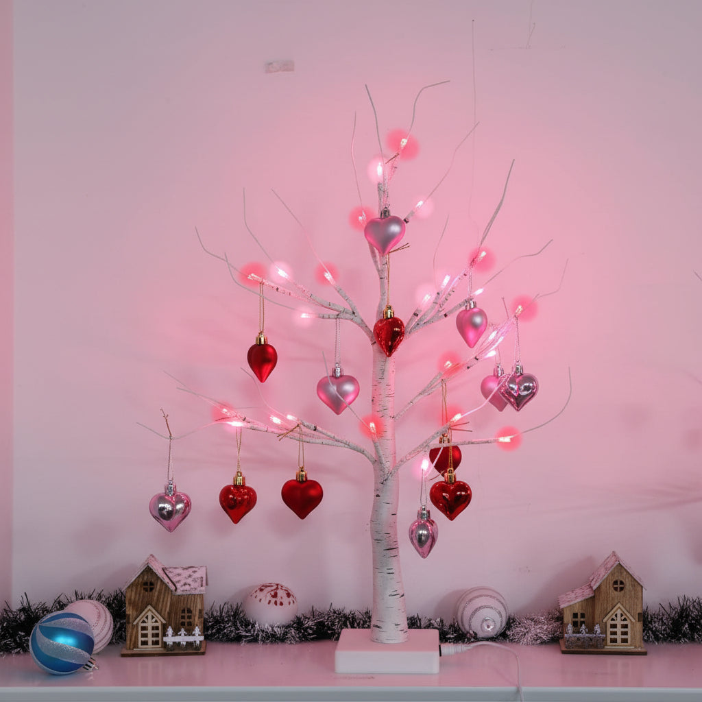 Forgrenet birketræ-hjerteornament romantisk bordlampe