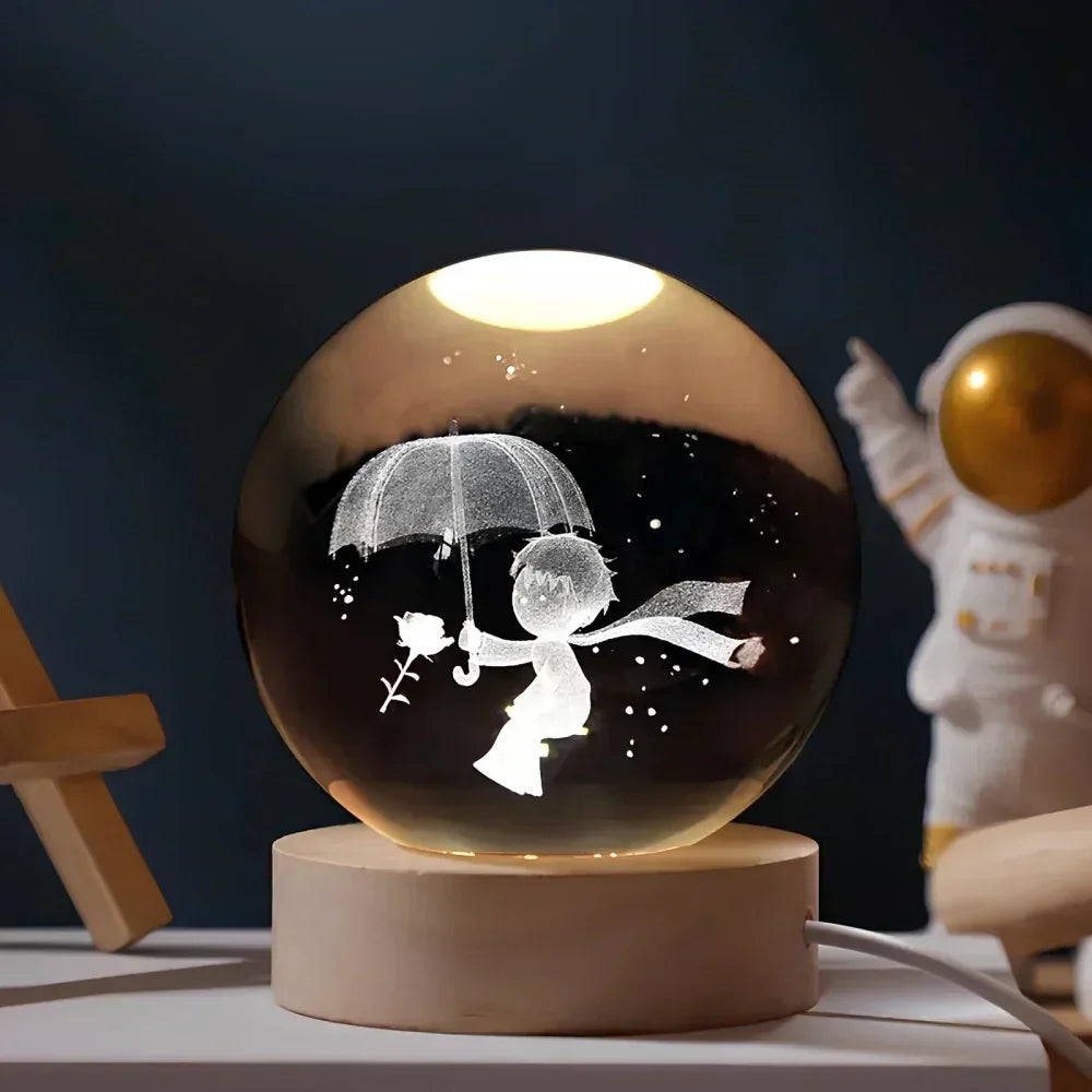 Graveret krystalkugle planet sfære natlampe bordlampe
