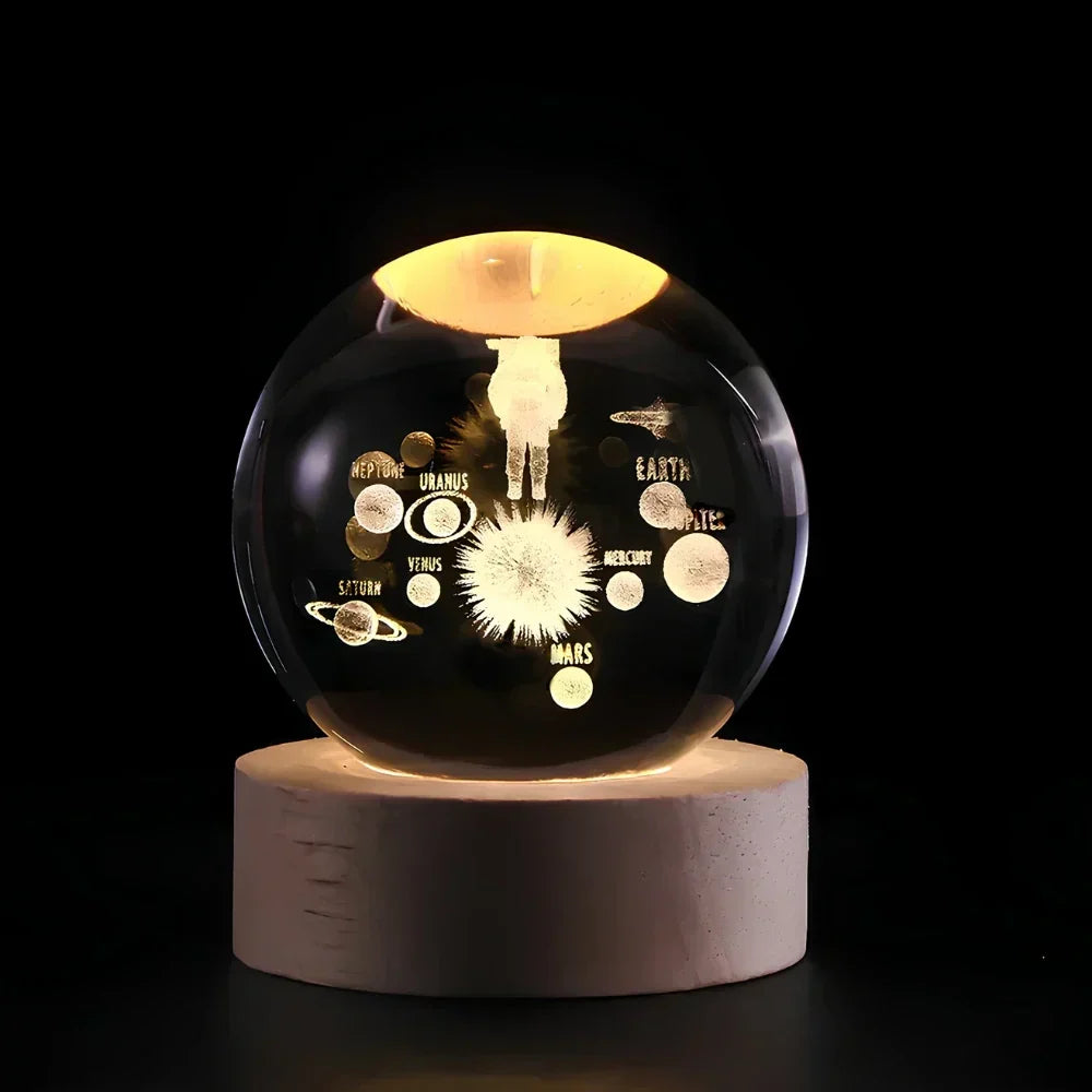 Graveret krystalkugle planet sfære natlampe bordlampe