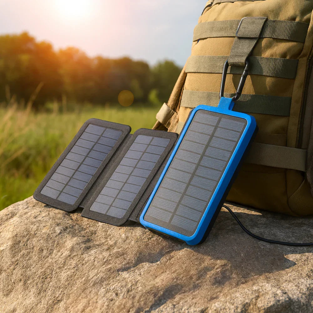 Bærbar robust udendørs solcelle powerbank oplader med foldbart panel