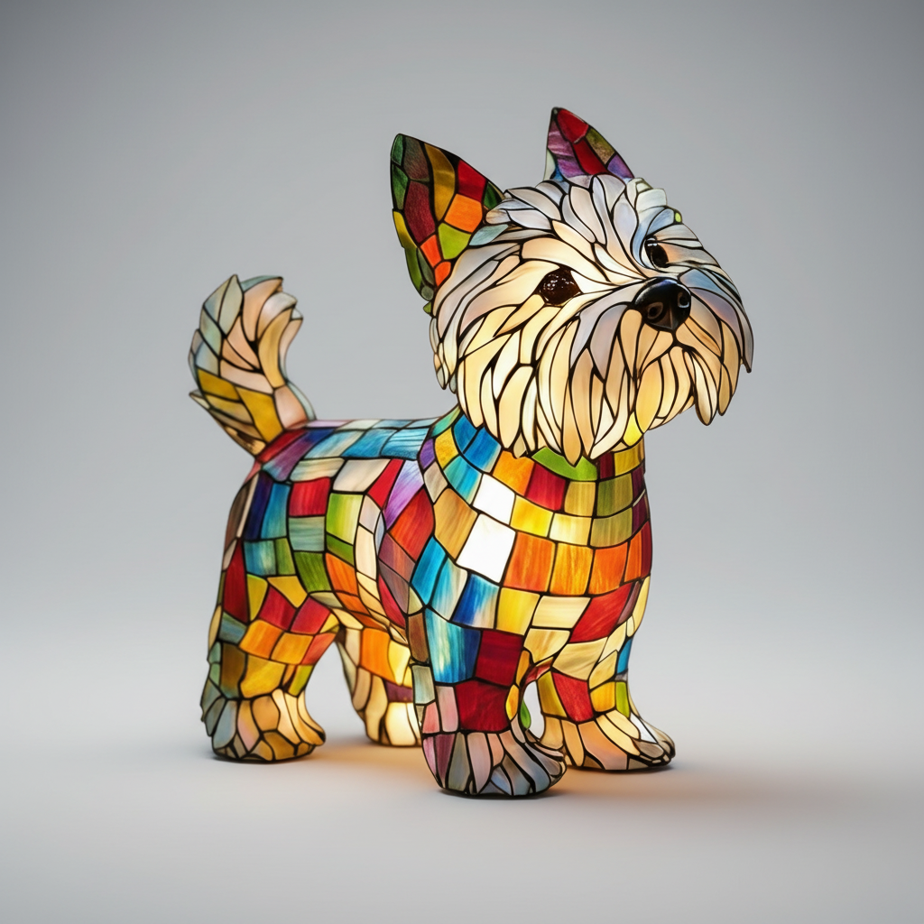 Figur af hund i farvet glas og harpiks natlampe bordlampe