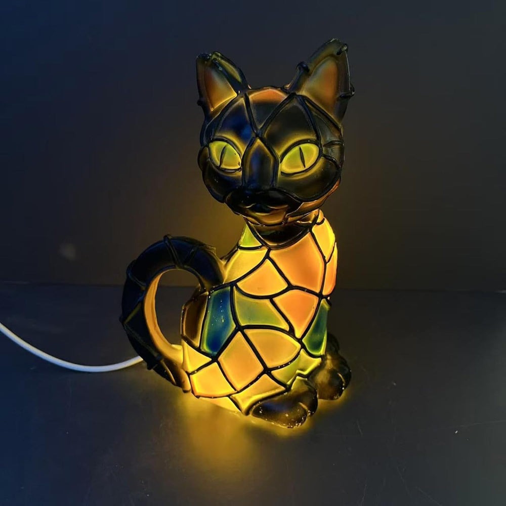 Mosaikfigur af kat i Tiffany-stil bordlampe med farvet glas