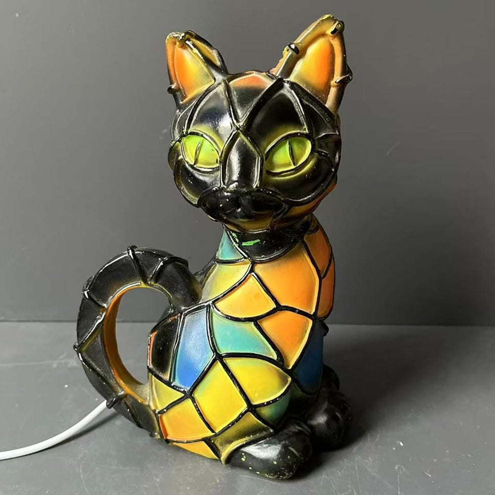 Mosaikfigur af kat i Tiffany-stil bordlampe med farvet glas