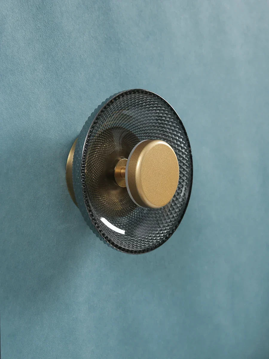 Tekstureret og farvet glas disk skulpturel væglampe