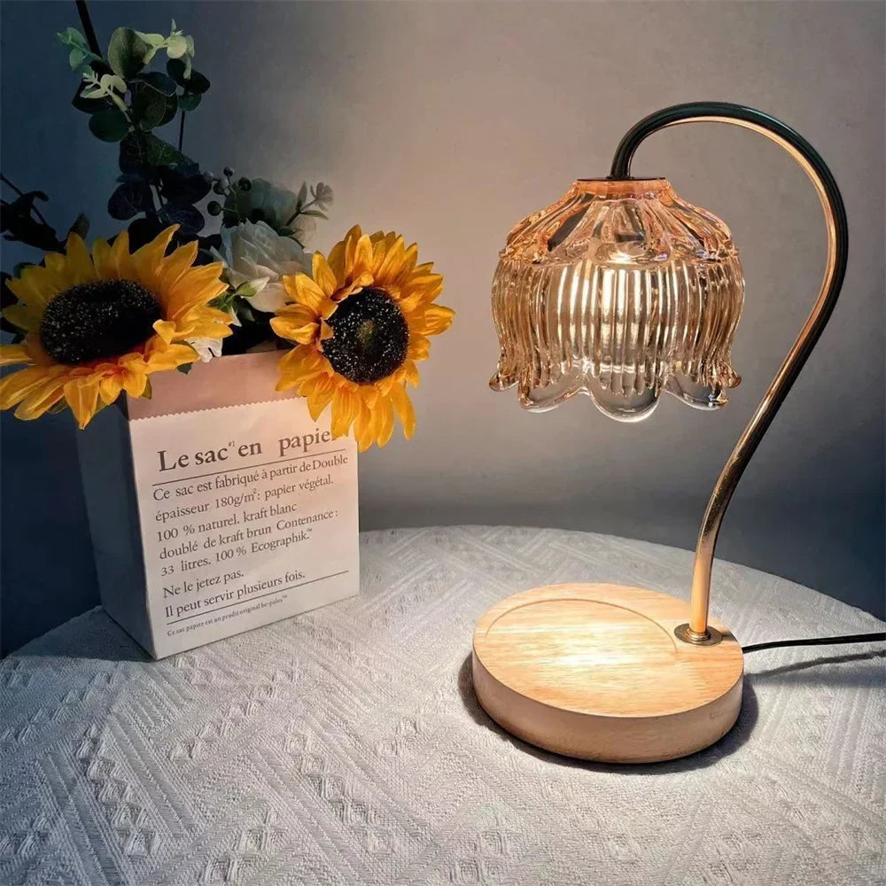 Retro blomstret glasskærm træfod stearinlysvarmer bordlampe