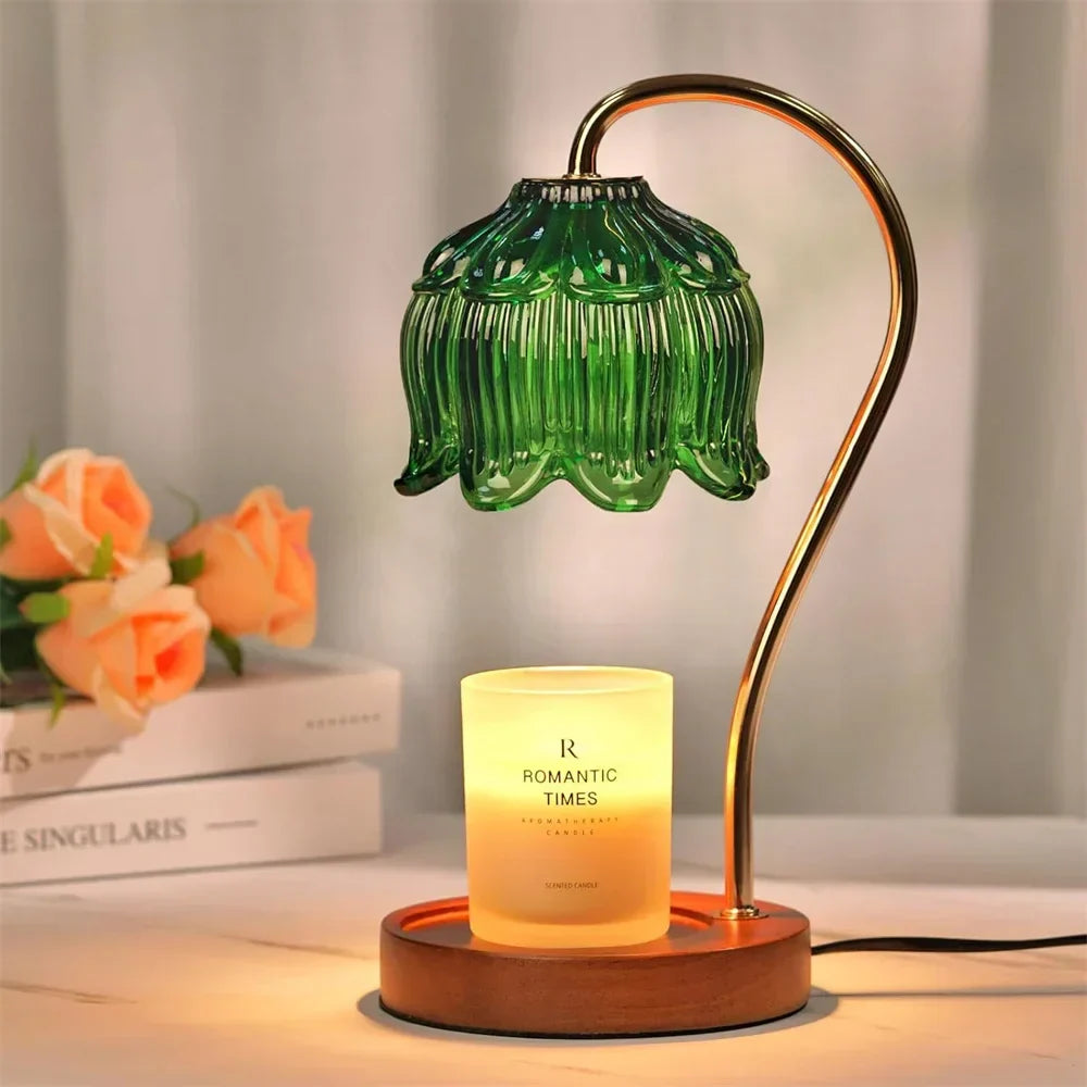 Retro blomstret glasskærm træfod stearinlysvarmer bordlampe