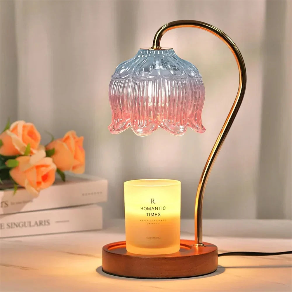 Retro blomstret glasskærm træfod stearinlysvarmer bordlampe