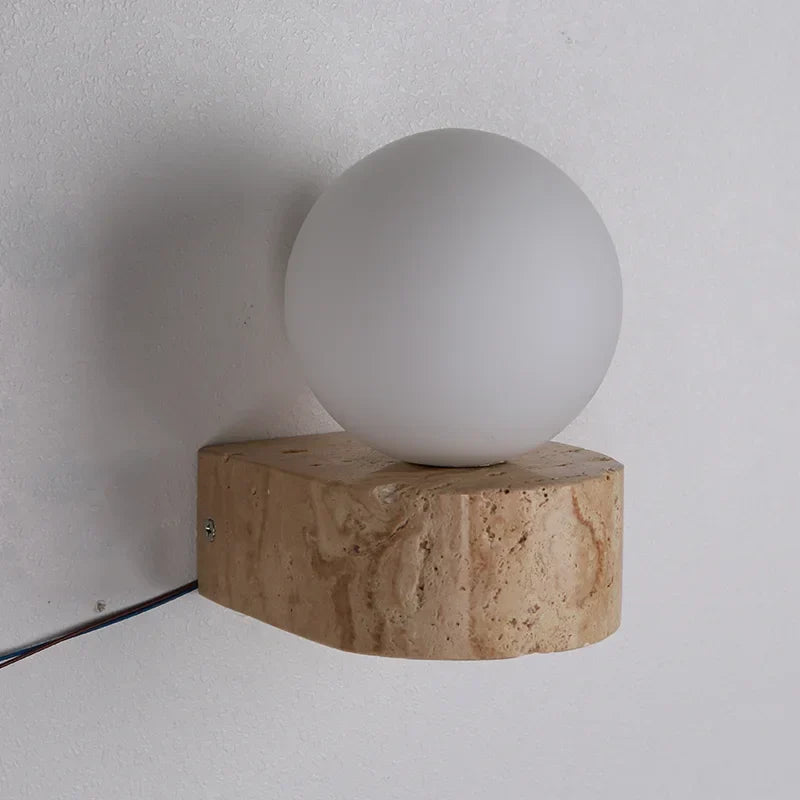 Skulpturel travertin sten frostet glas japansk minimalistisk væglampe