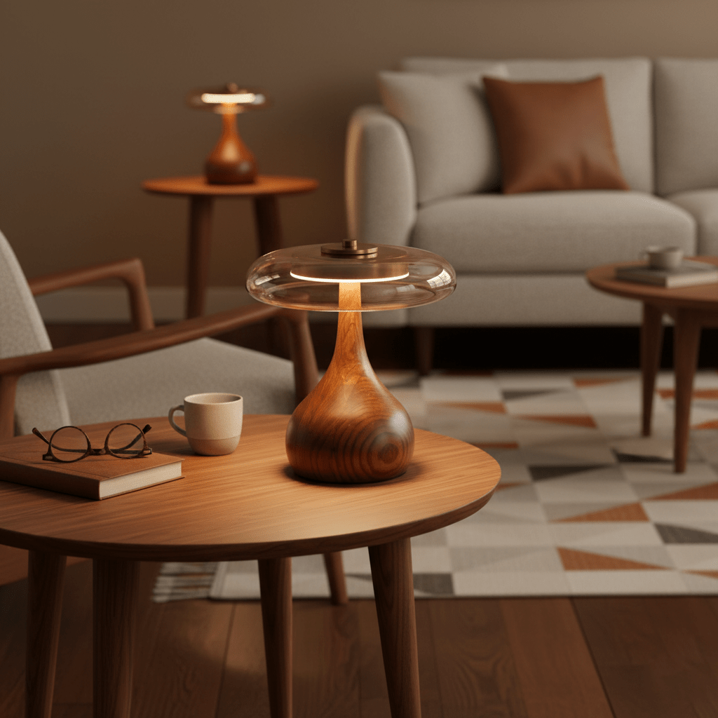 Vancorim | Japandi buet træ amber glas bordlampe