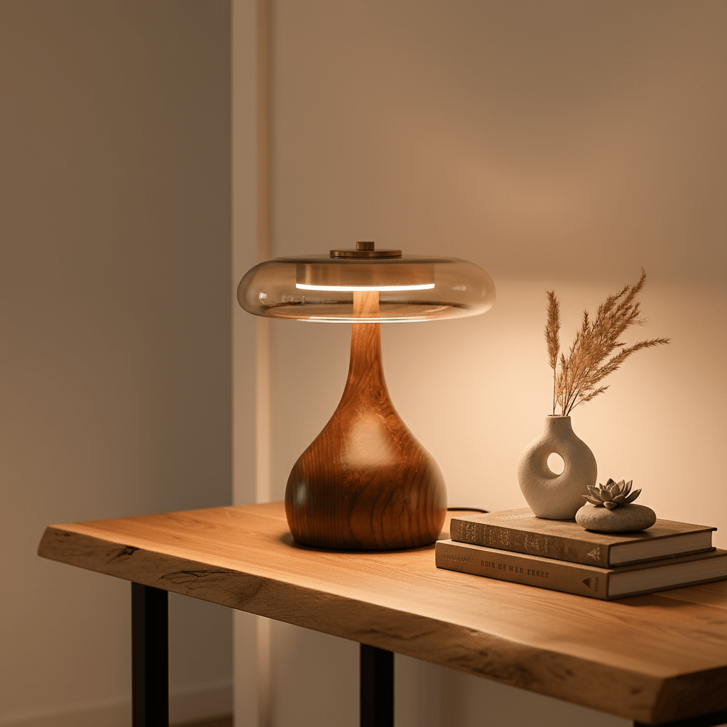 Vancorim | Japandi buet træ amber glas bordlampe