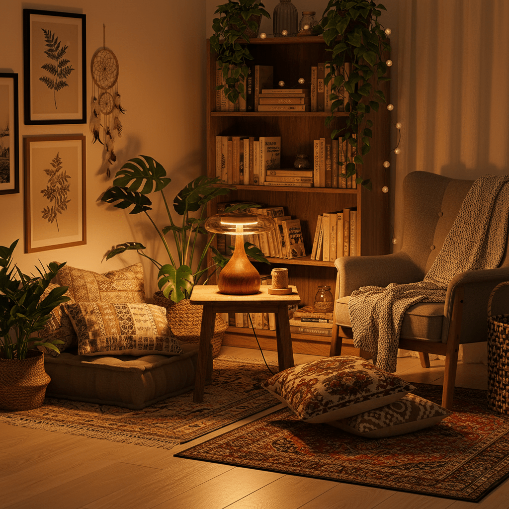 Vancorim | Japandi buet træ amber glas bordlampe