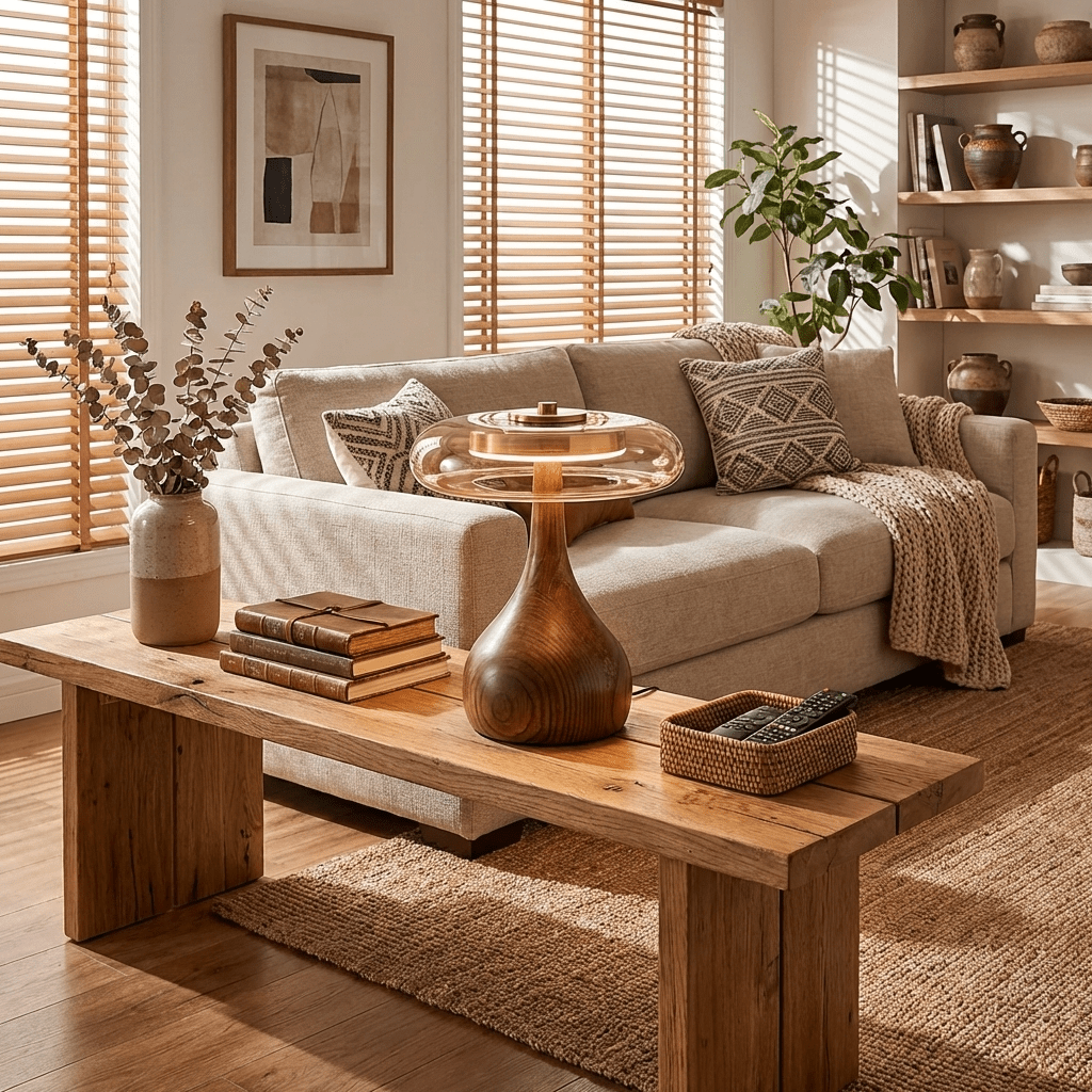 Vancorim | Japandi buet træ amber glas bordlampe