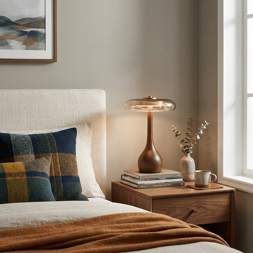 Vancorim | Japandi buet træ amber glas bordlampe