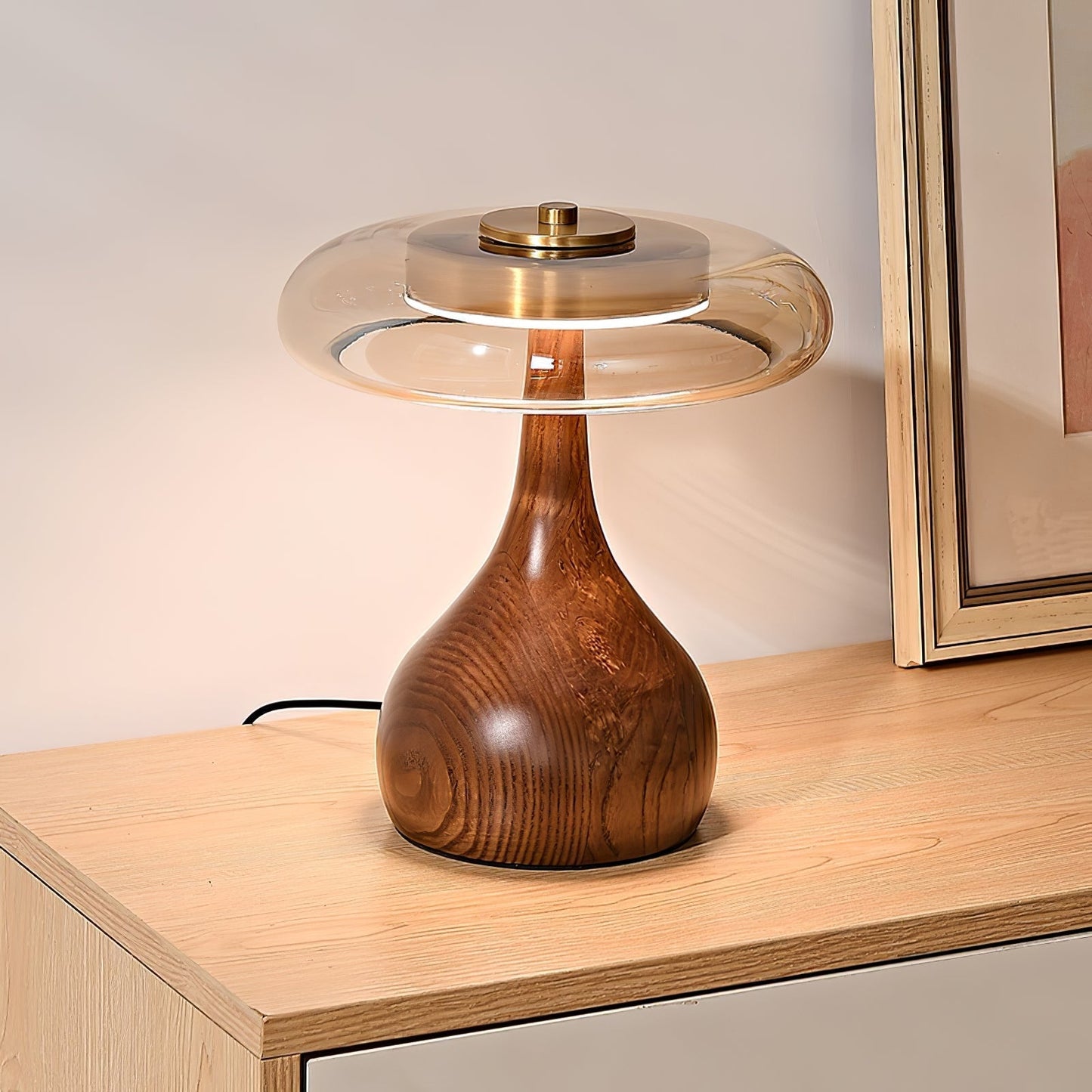 Vancorim | Japandi buet træ amber glas bordlampe