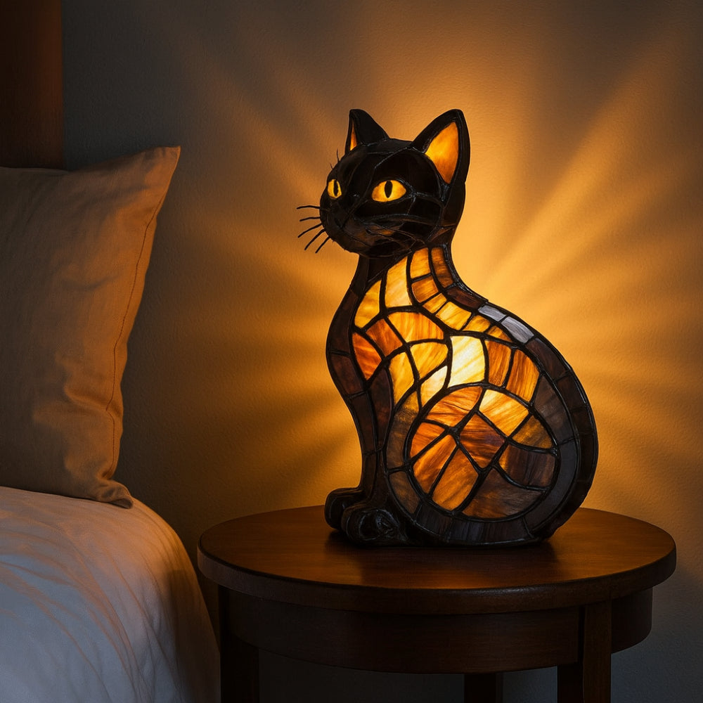 Glasmosaik stil kattefigur bordlampe natlys