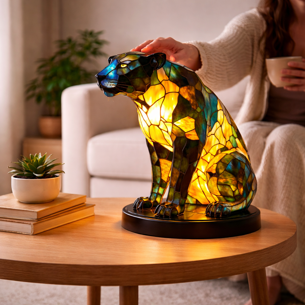Glasmosaik stil dyrefigur accent bordlampe