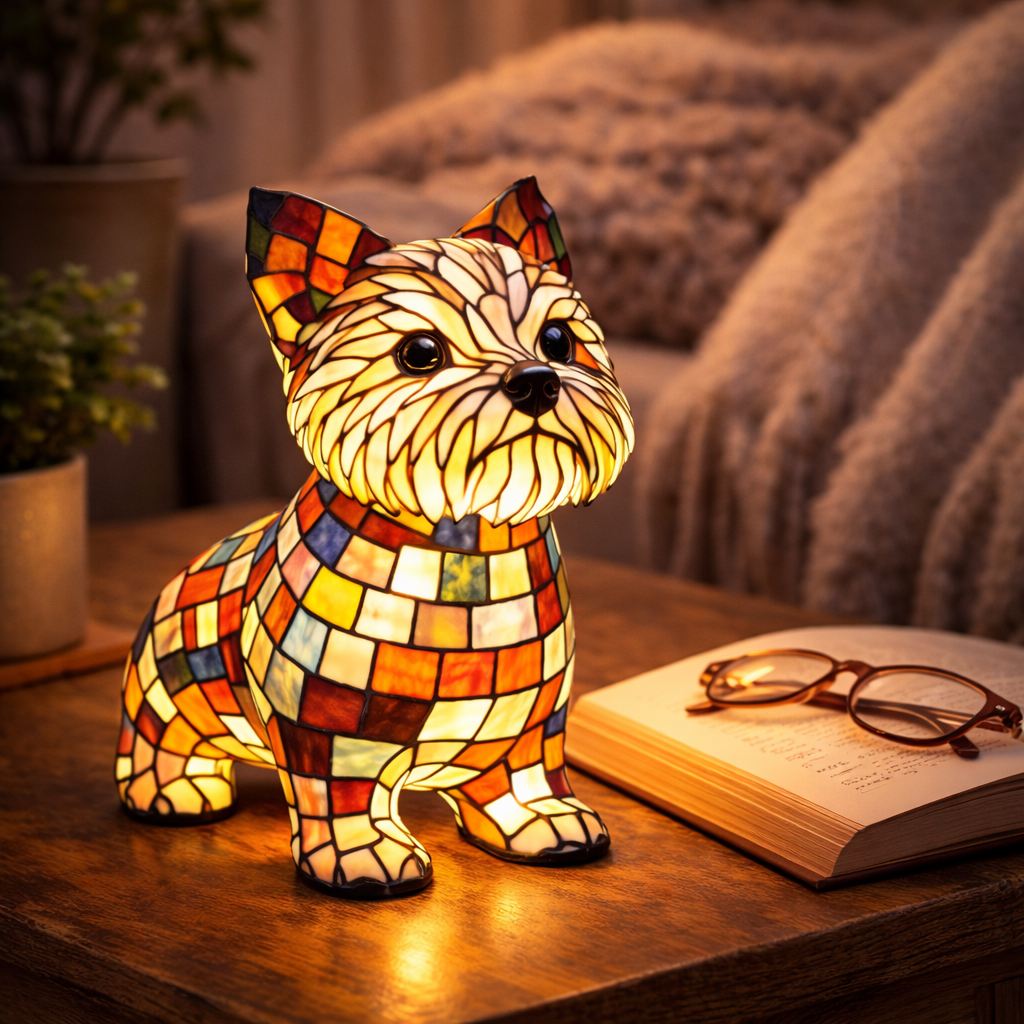 Figur af hund i farvet glas og harpiks natlampe bordlampe