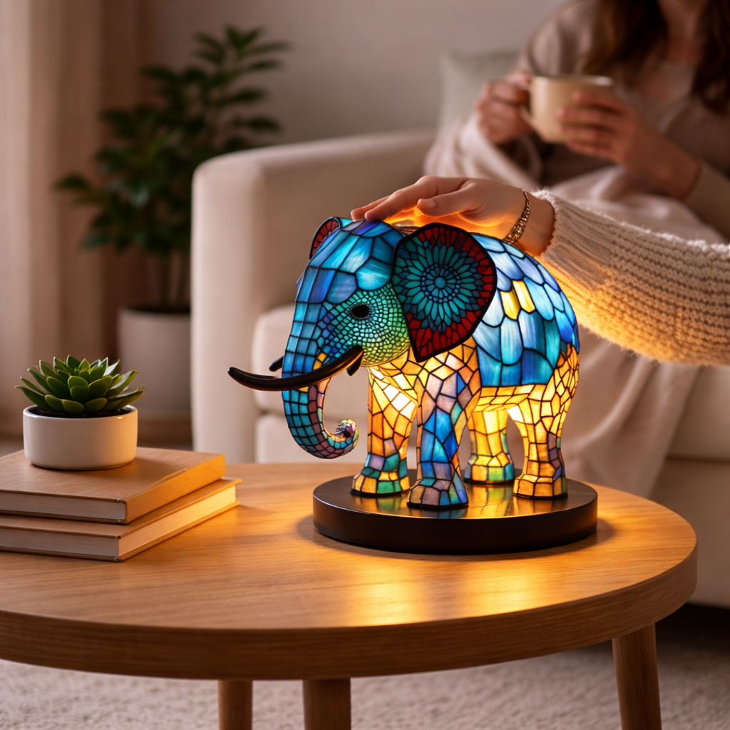 Glasmosaik stil dyrefigur accent bordlampe