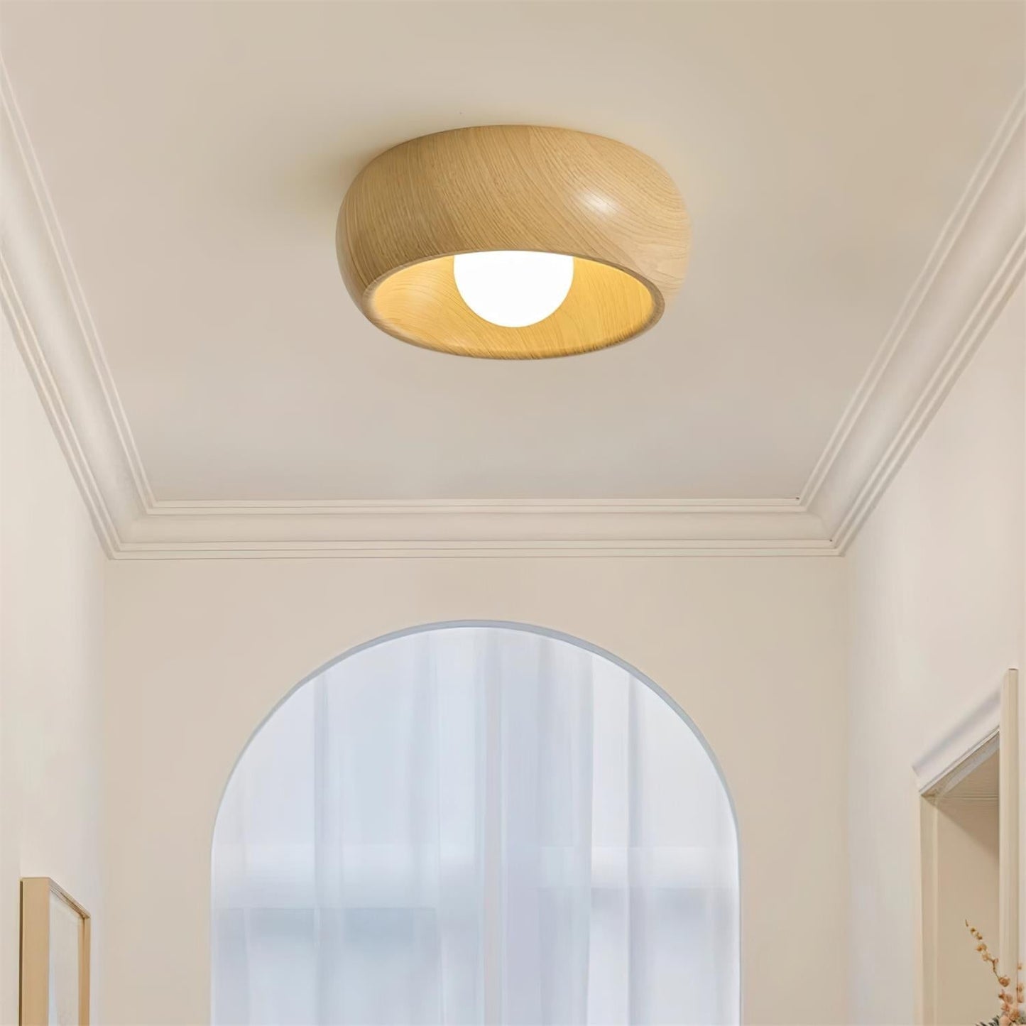 Minimalistisk rund træ skandinavisk japandi overflademonteret loftlampe