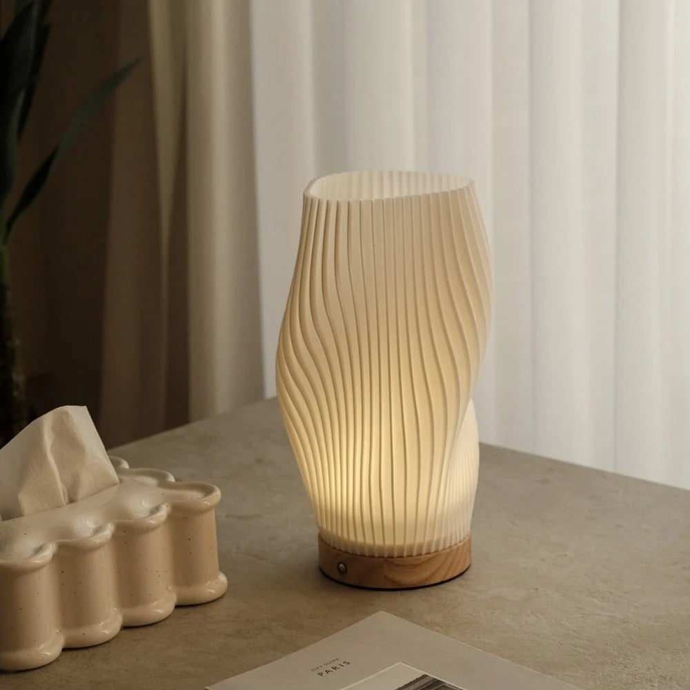 Skulptureret Bølgeformet Skærm Træfod Dæmpbar Bordlampe