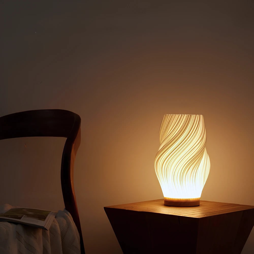 Skulptureret Bølgeformet Skærm Træfod Dæmpbar Bordlampe