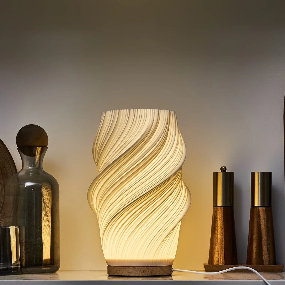 Skulptureret Bølgeformet Skærm Træfod Dæmpbar Bordlampe