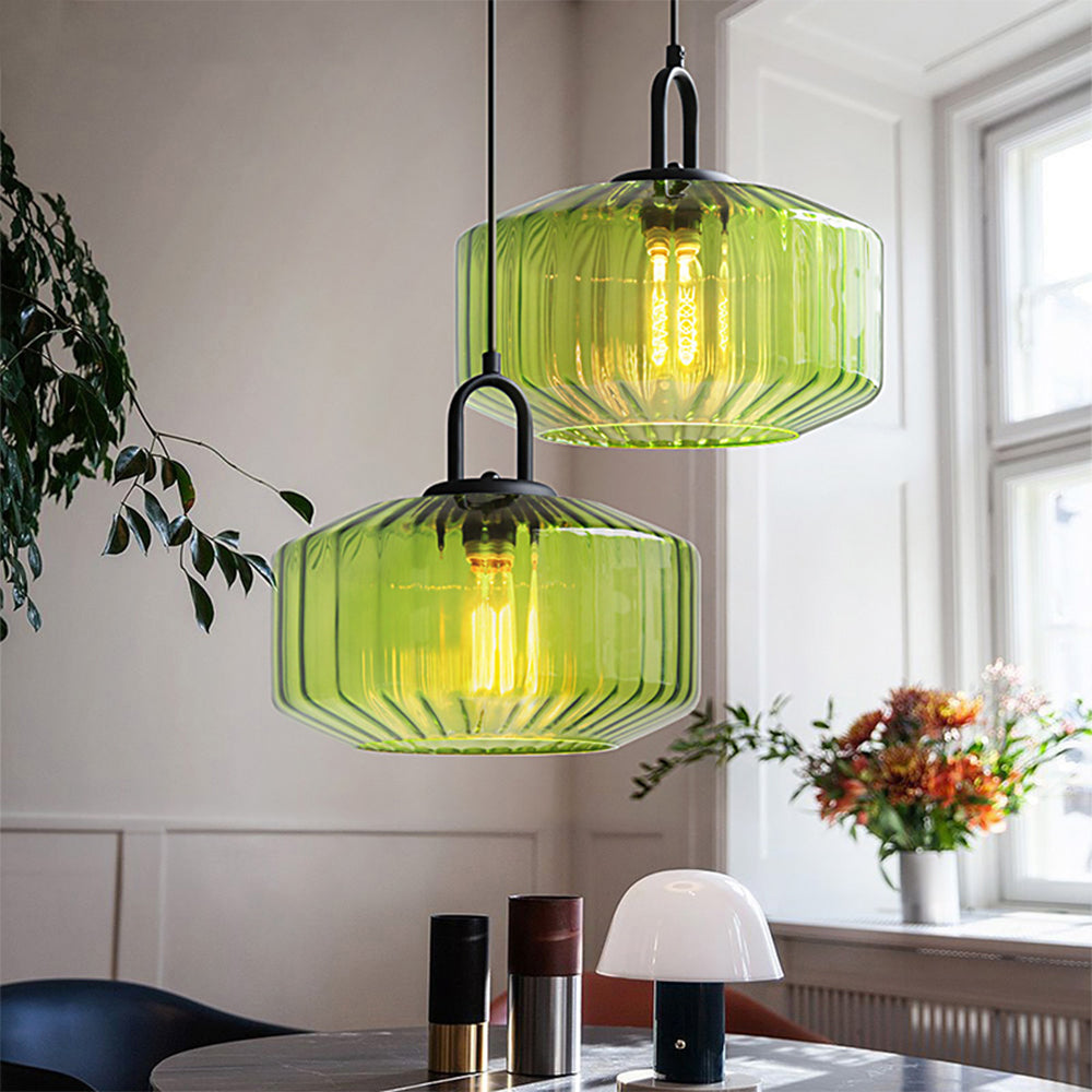 Verda | Mid-century ribbet glas kuppelpendellampe