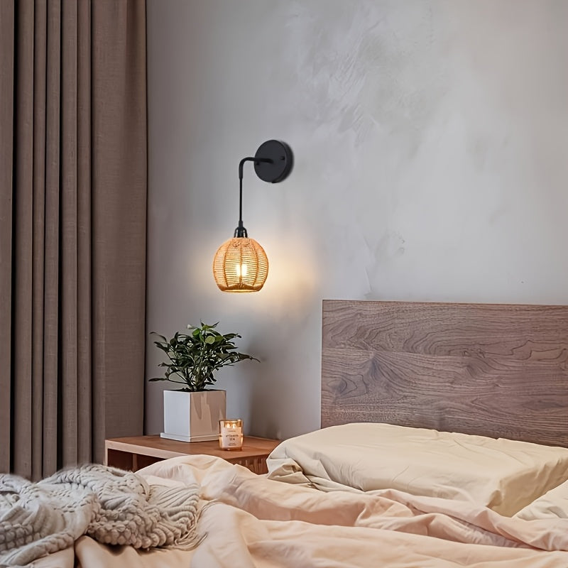 Håndvævet rattan boho justerbar landlig væglampe