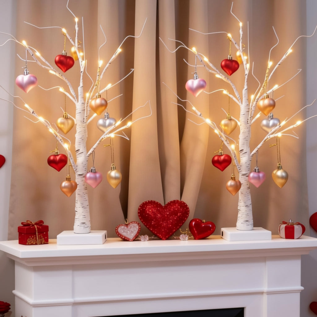 Forgrenet birketræ-hjerteornament romantisk bordlampe