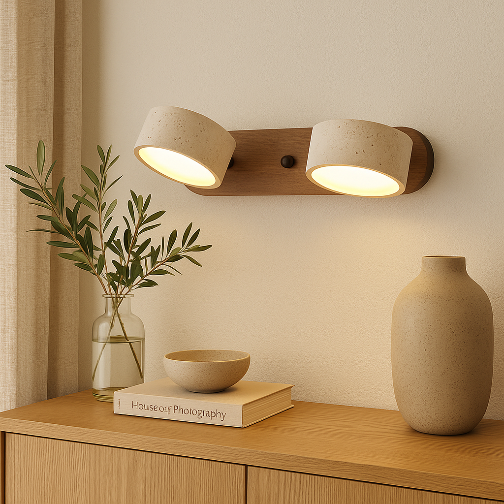 Calcera | Moderne naturlig travertinsten og træ væglampe