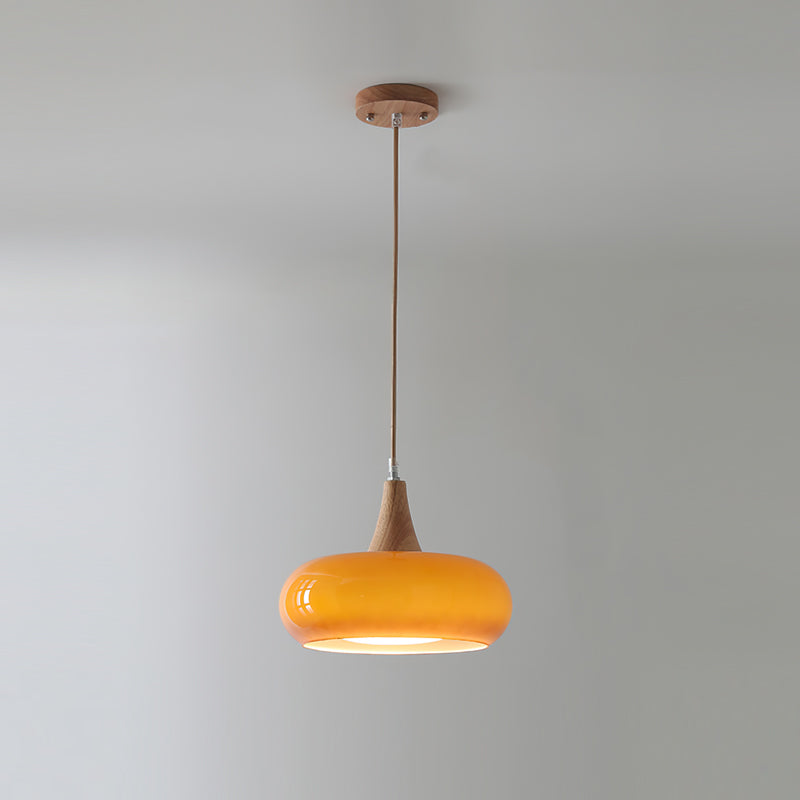 Charlotte | Mid-century træ og ravfarvet glas pendellampe