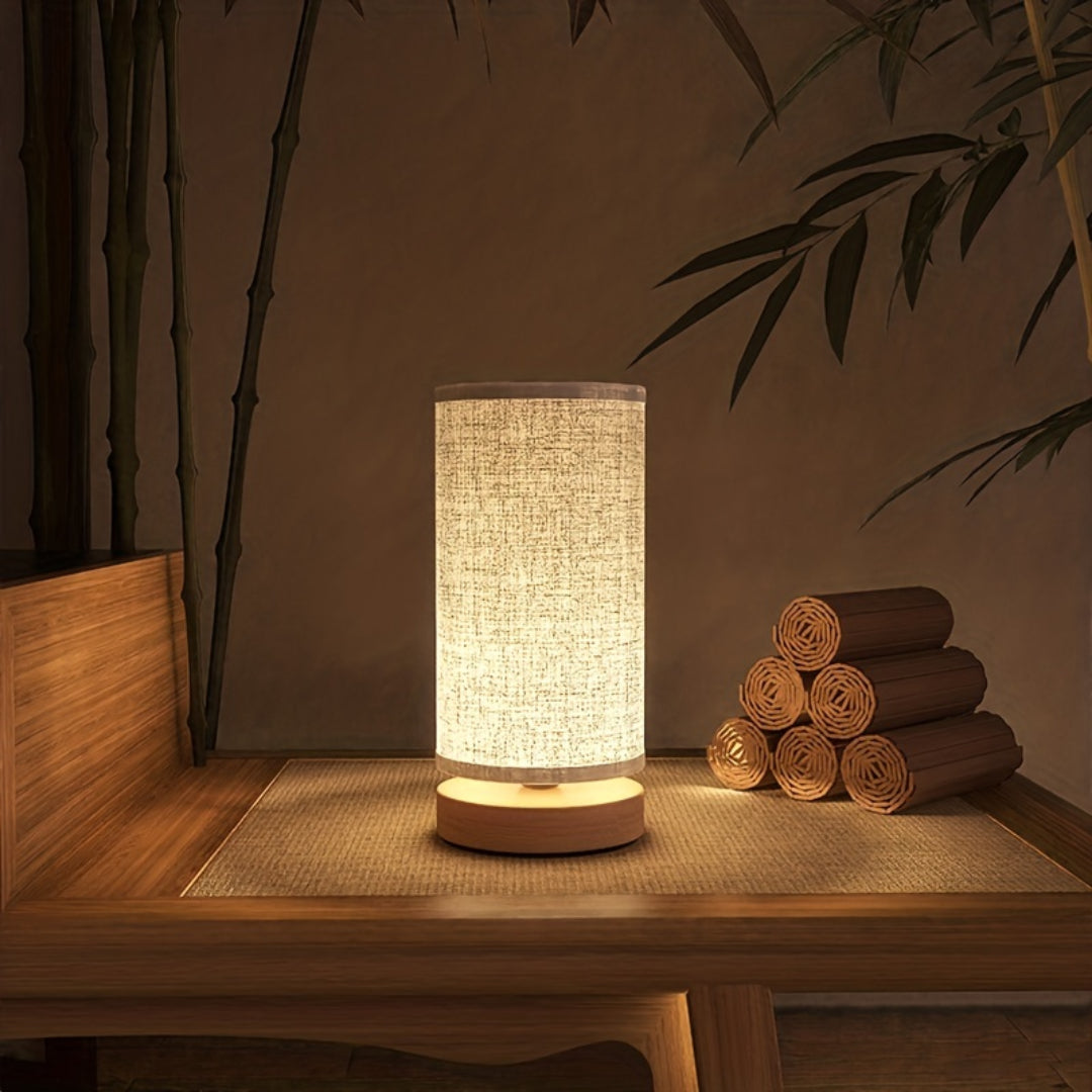 Naturlig træbase linnedskærm USB bordlampe