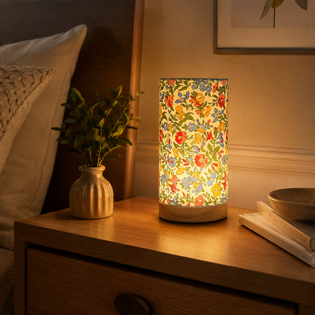 Naturlig træbase linnedskærm USB bordlampe