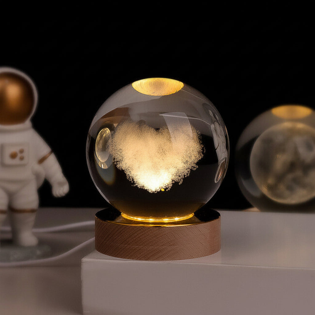 Graveret krystalkugle planet sfære natlampe bordlampe
