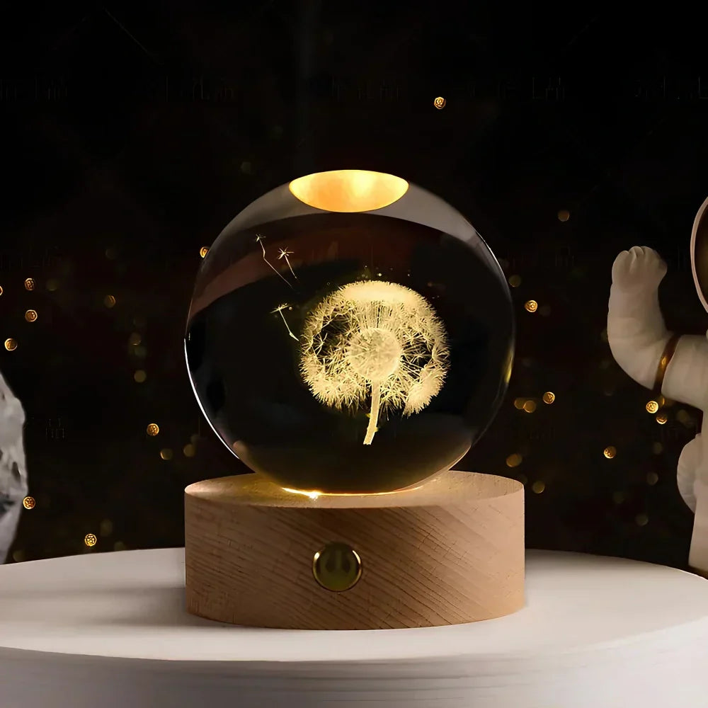 Graveret krystalkugle planet sfære natlampe bordlampe