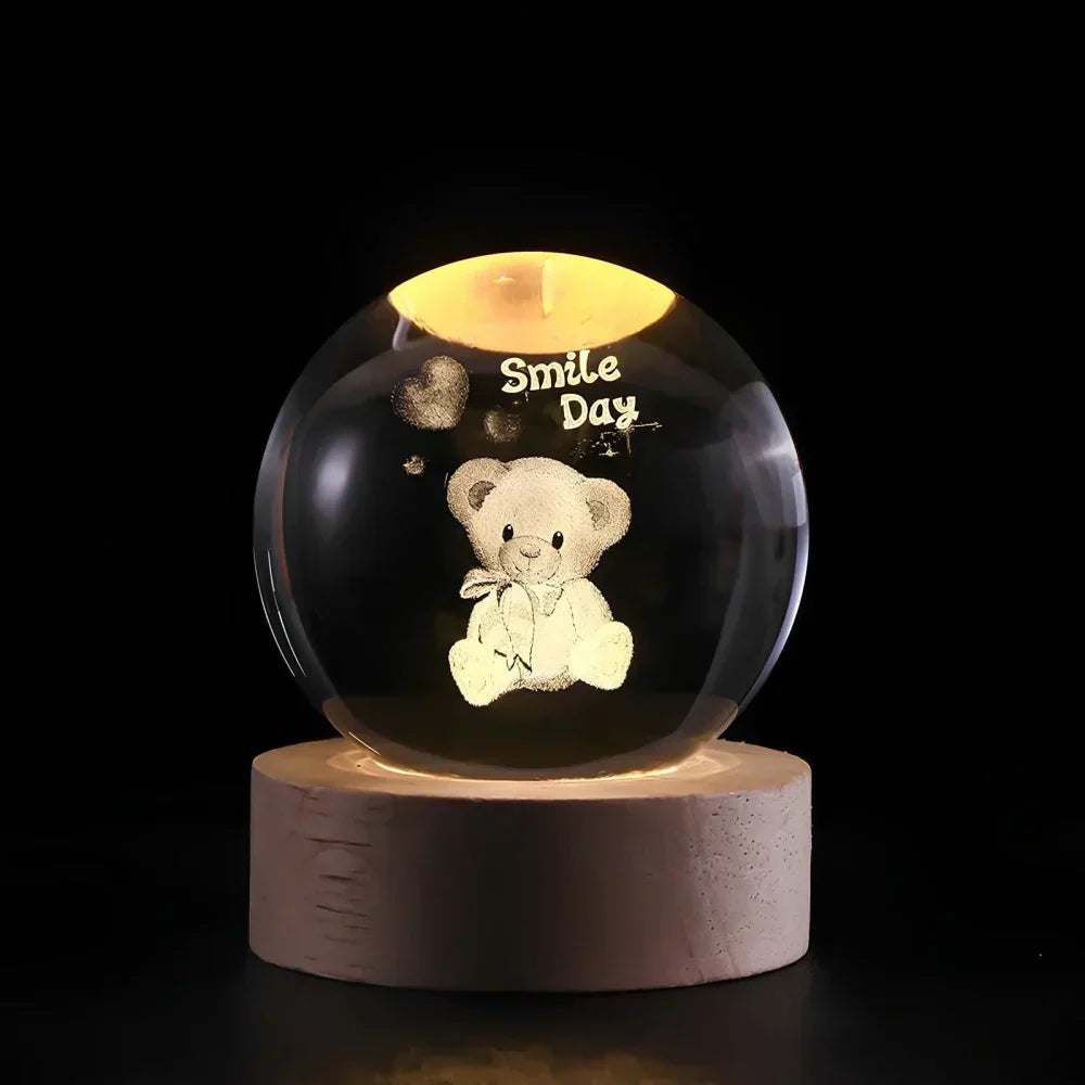 Graveret krystalkugle planet sfære natlampe bordlampe