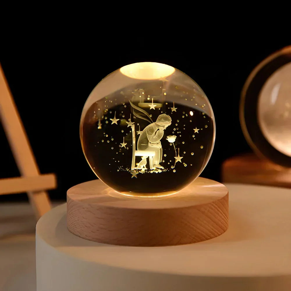 Graveret krystalkugle planet sfære natlampe bordlampe