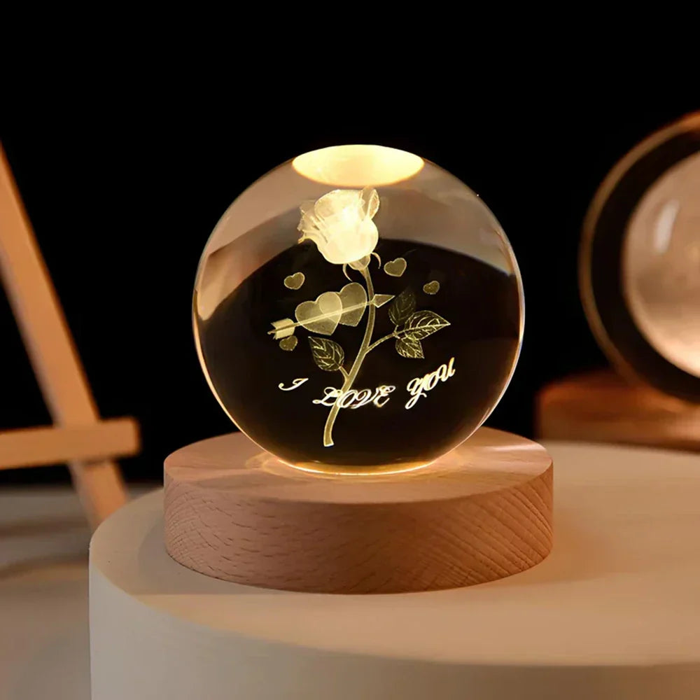 Graveret krystalkugle planet sfære natlampe bordlampe