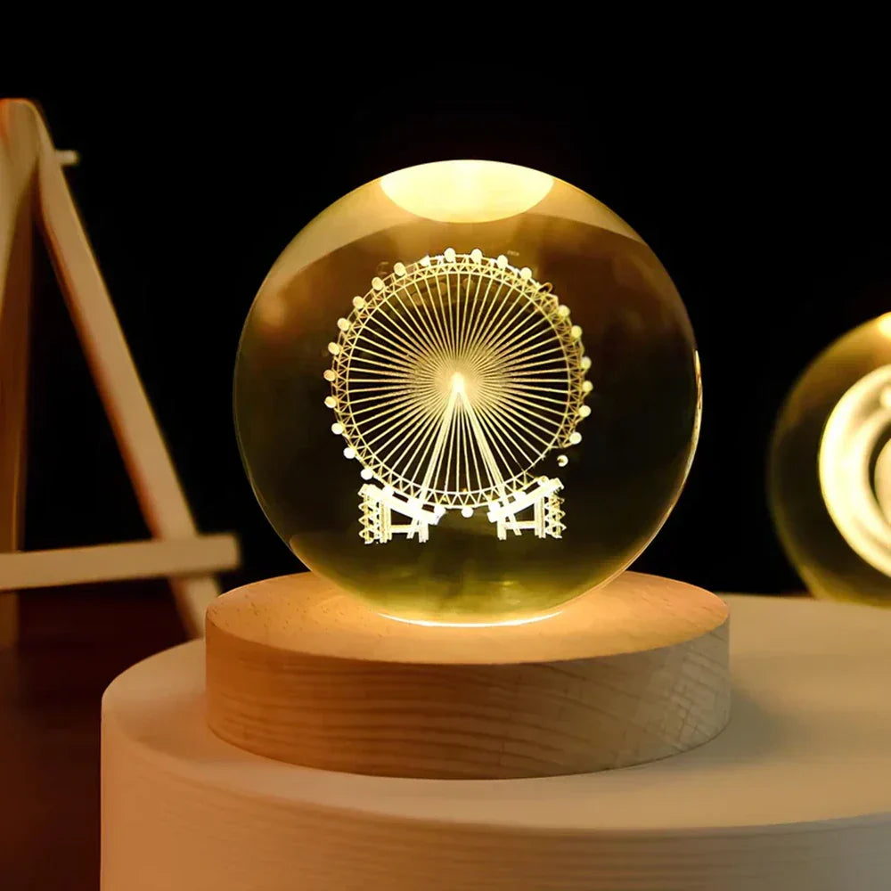 Graveret krystalkugle planet sfære natlampe bordlampe