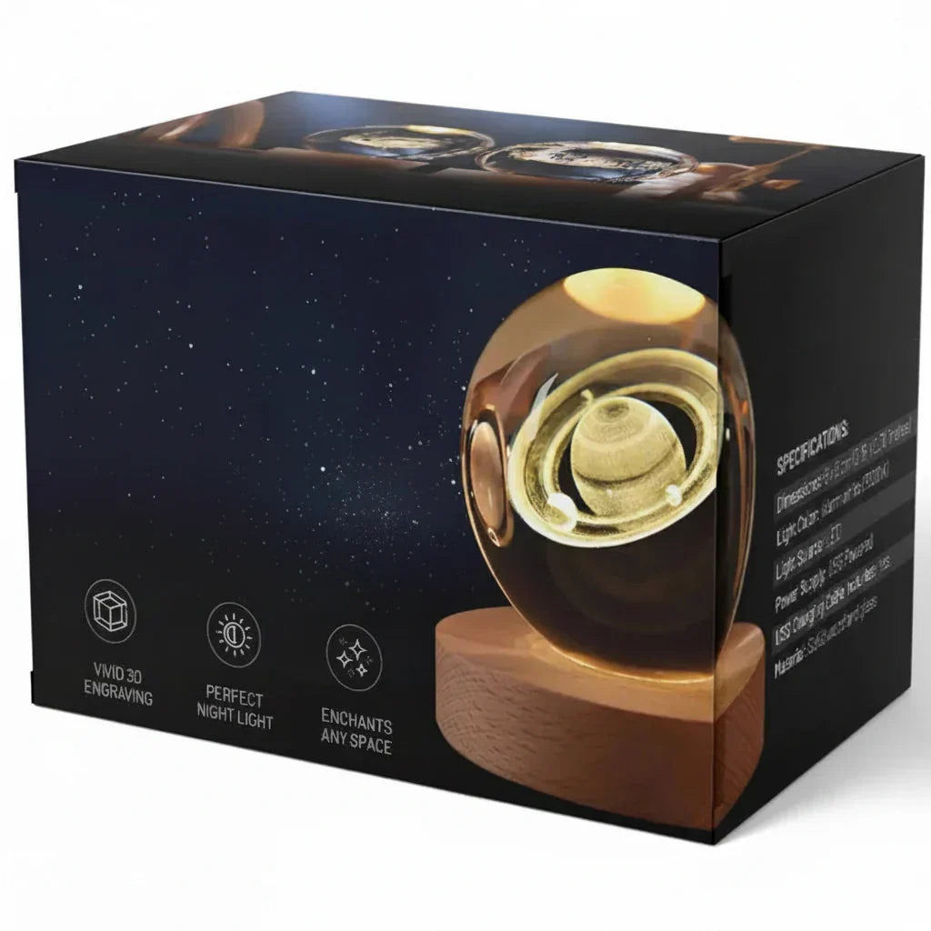 Graveret krystalkugle planet sfære natlampe bordlampe