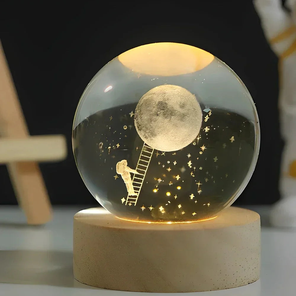 Graveret krystalkugle planet sfære natlampe bordlampe