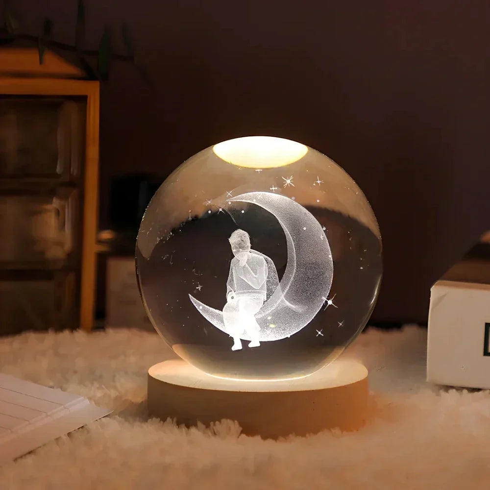Graveret krystalkugle planet sfære natlampe bordlampe
