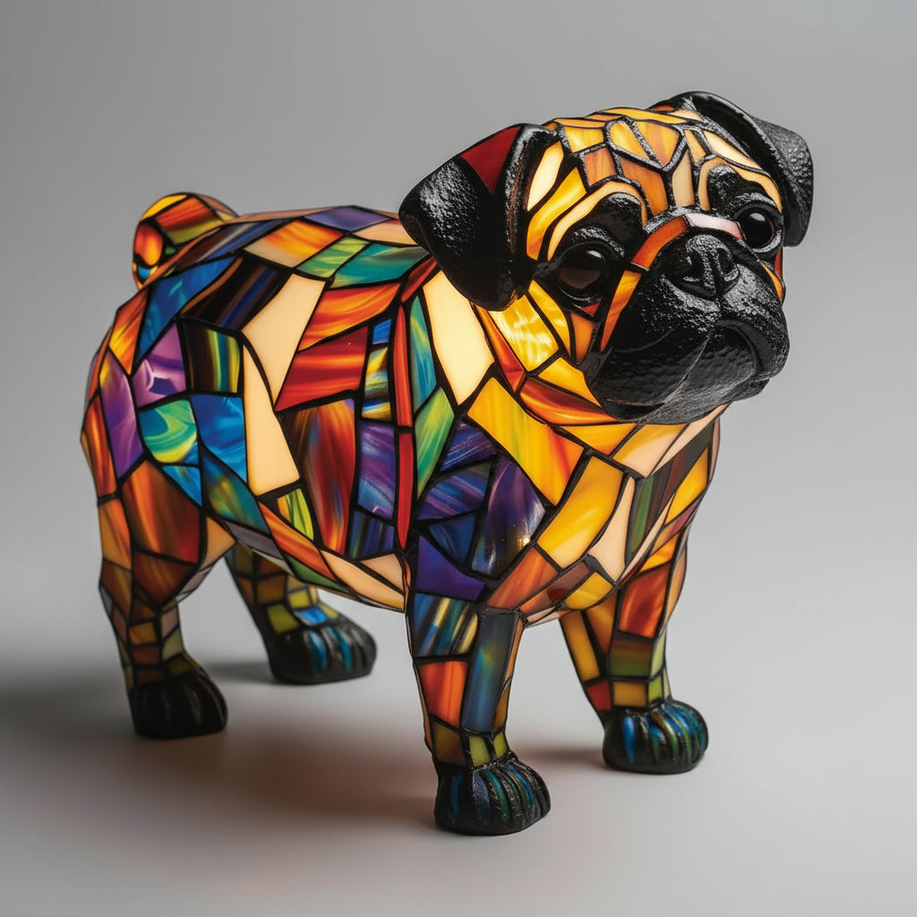 Figur af hund i farvet glas og harpiks natlampe bordlampe
