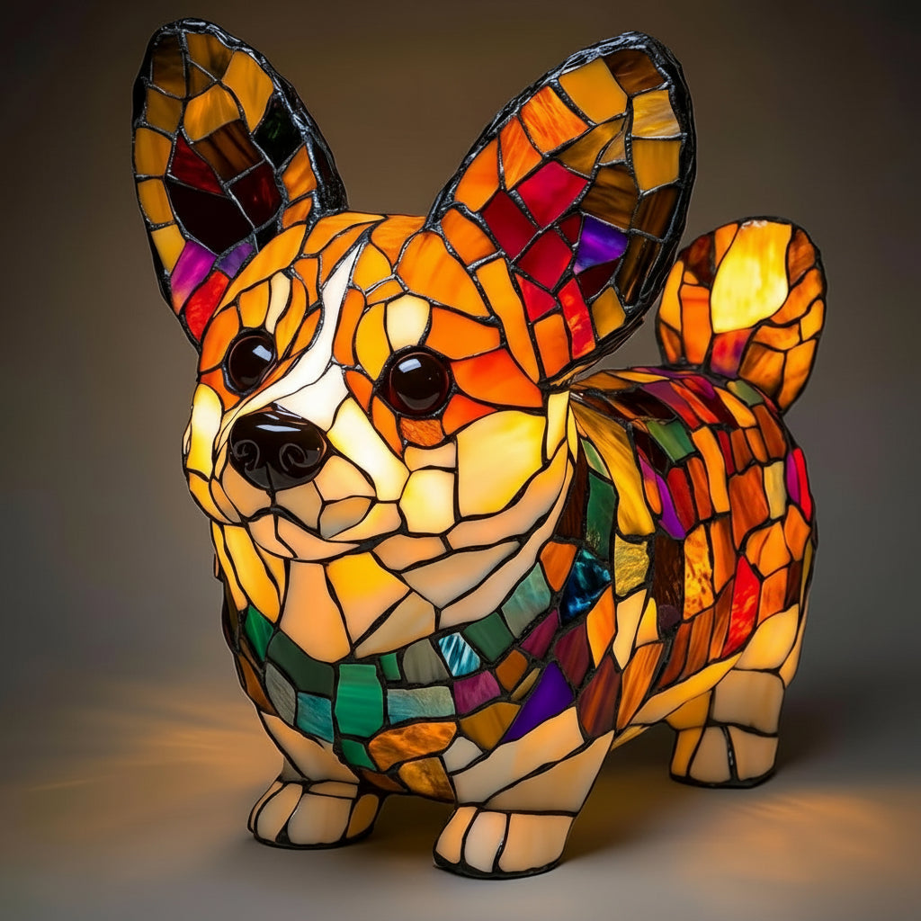 Figur af hund i farvet glas og harpiks natlampe bordlampe