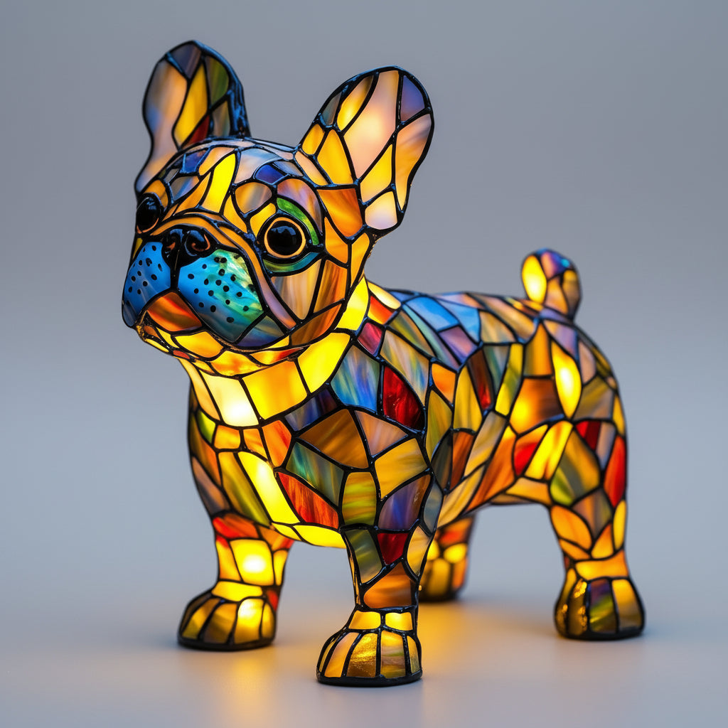 Figur af hund i farvet glas og harpiks natlampe bordlampe