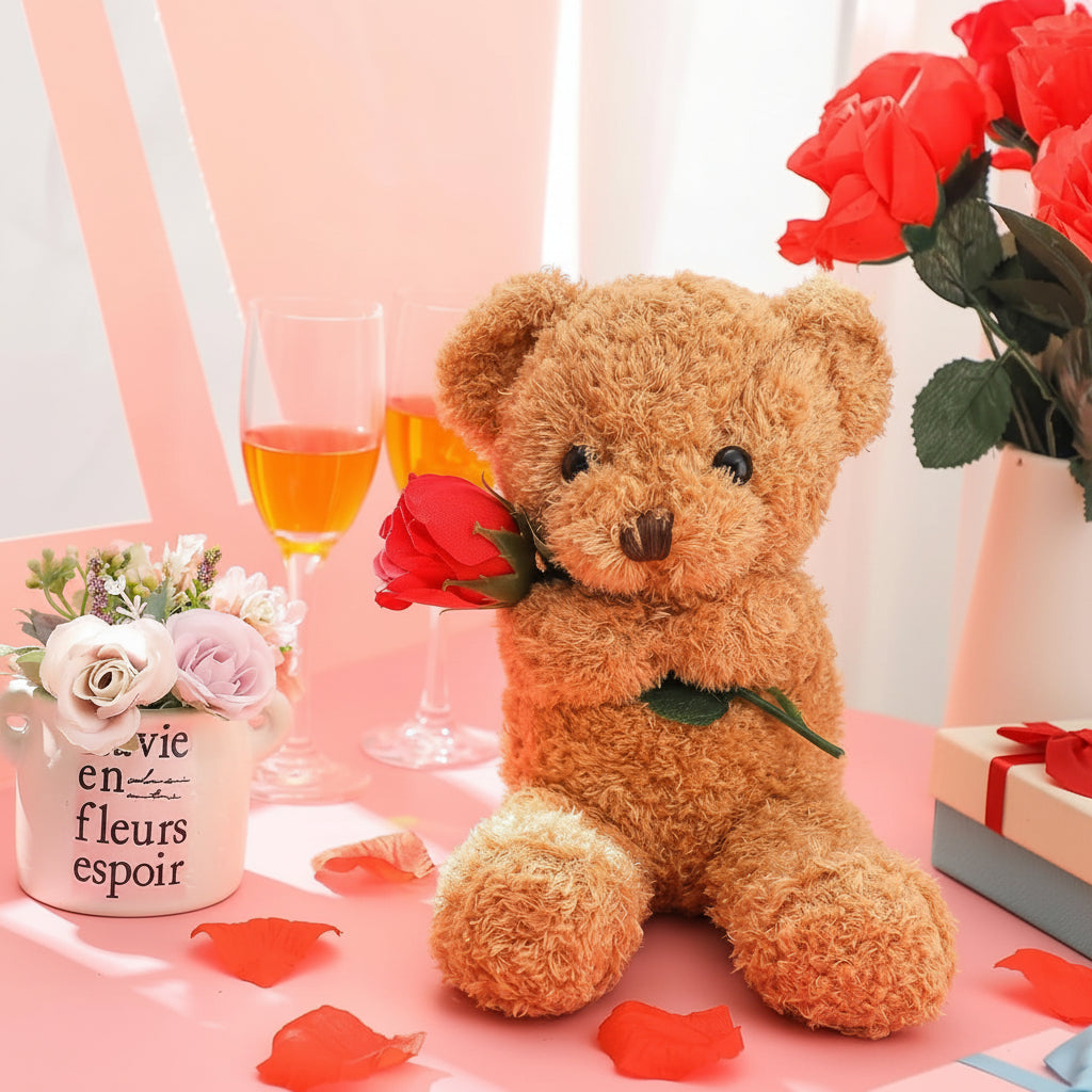 Kælen bamse med rose plysdyr gave  